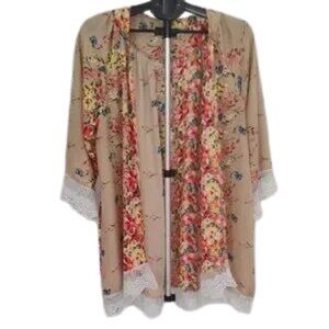 Relipop Floral Beige Kimono with Lace Trim